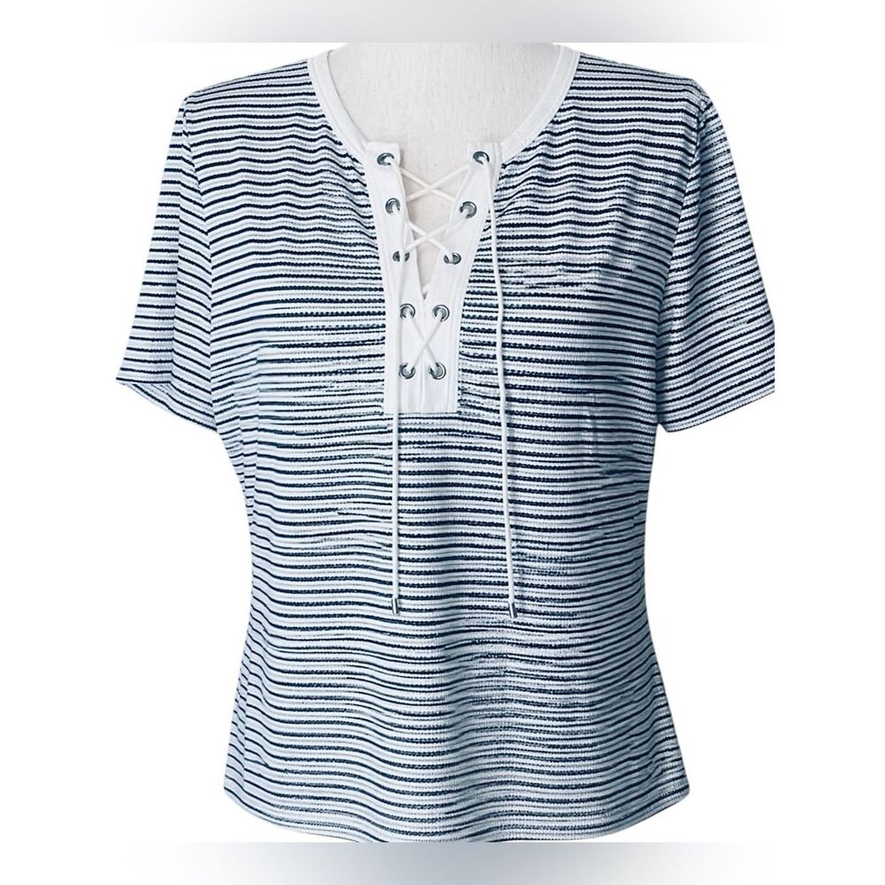 St John Sport Navy White Striped Lace Up Top Coastal Preppy L
